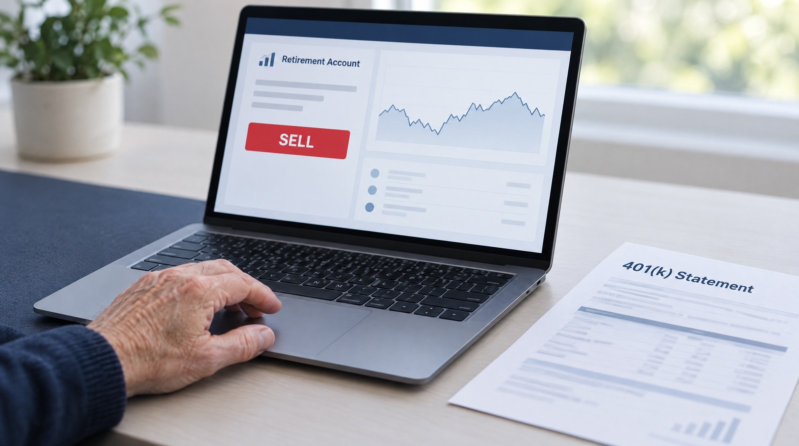 A hand on a laptop showing a retirement account screen with a Sell button, next to a printed 401(k) statement