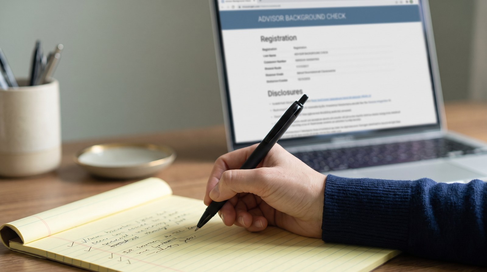 A person takes notes on a legal pad while a laptop shows an advisor background check page with registration and disclosures sections
