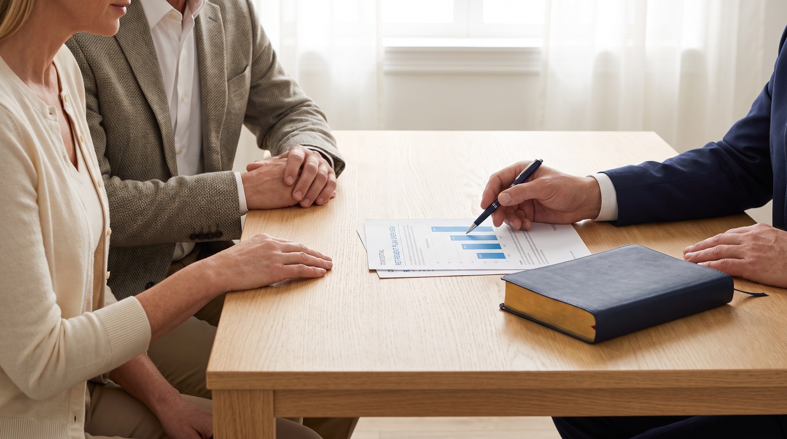 A financial advisor points to a printed retirement plan on a desk while a retired couple looks on, with a closed Bible beside the plan