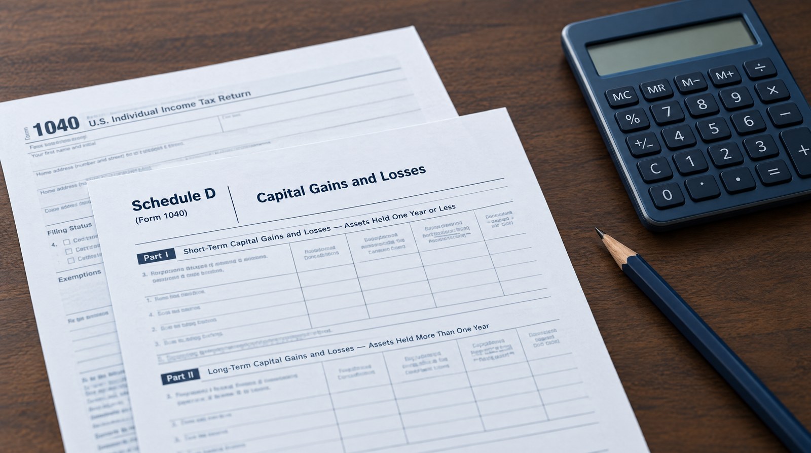 IRS Schedule D (Capital Gains and Losses) on top of a Form 1040, with a calculator and pencil on a desk