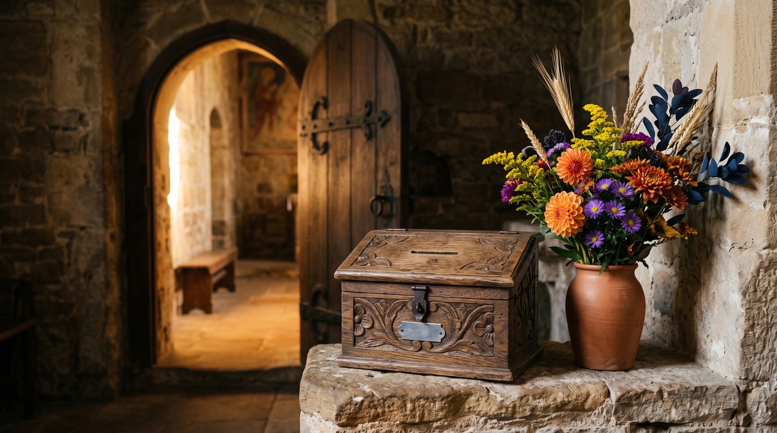 A carved wooden giving box beside a clay jar of wildflowers and a sprig of wheat in a sunlit chapel entryway