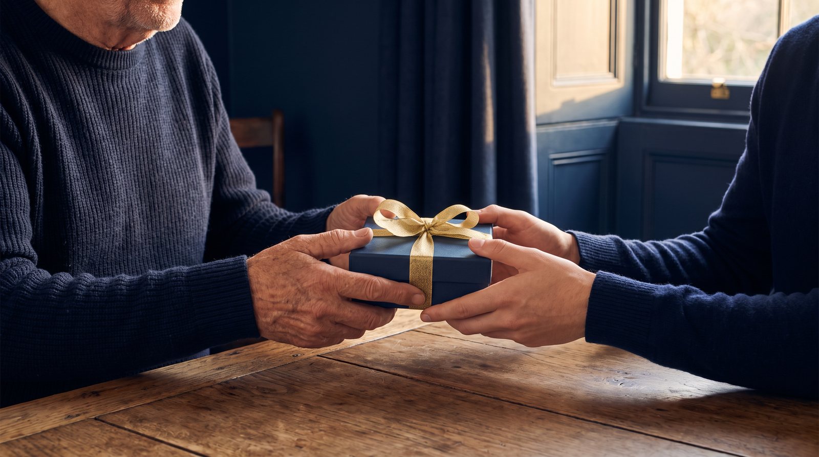 An older hand passing a navy gift box tied with a gold ribbon to a younger hand across a wooden table