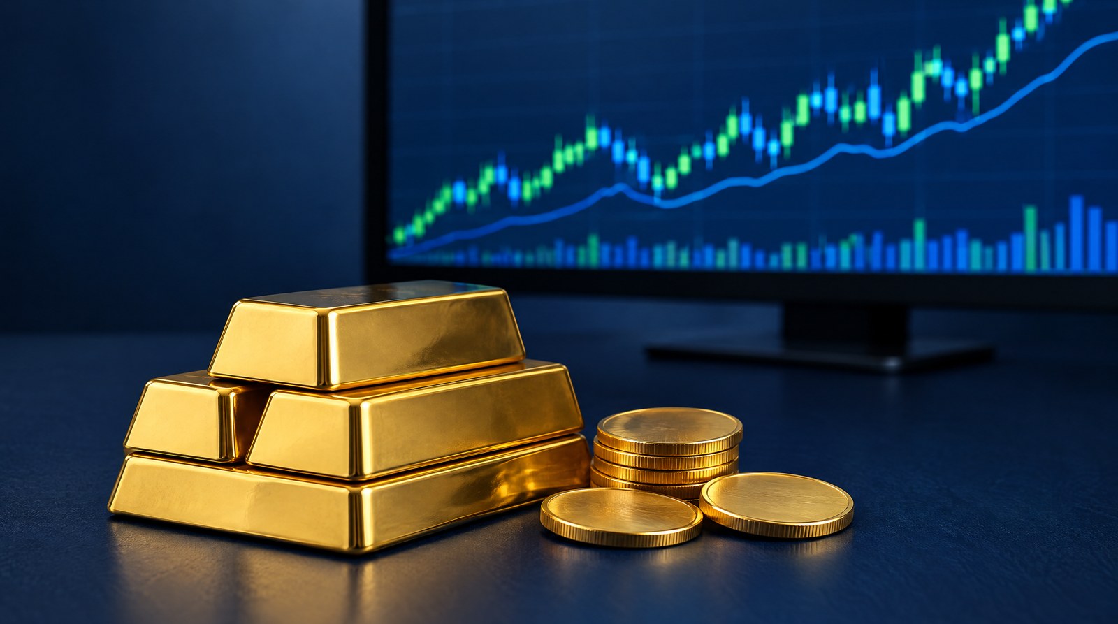 Gold bars and gold coins on a desk in front of a monitor showing a stock market chart