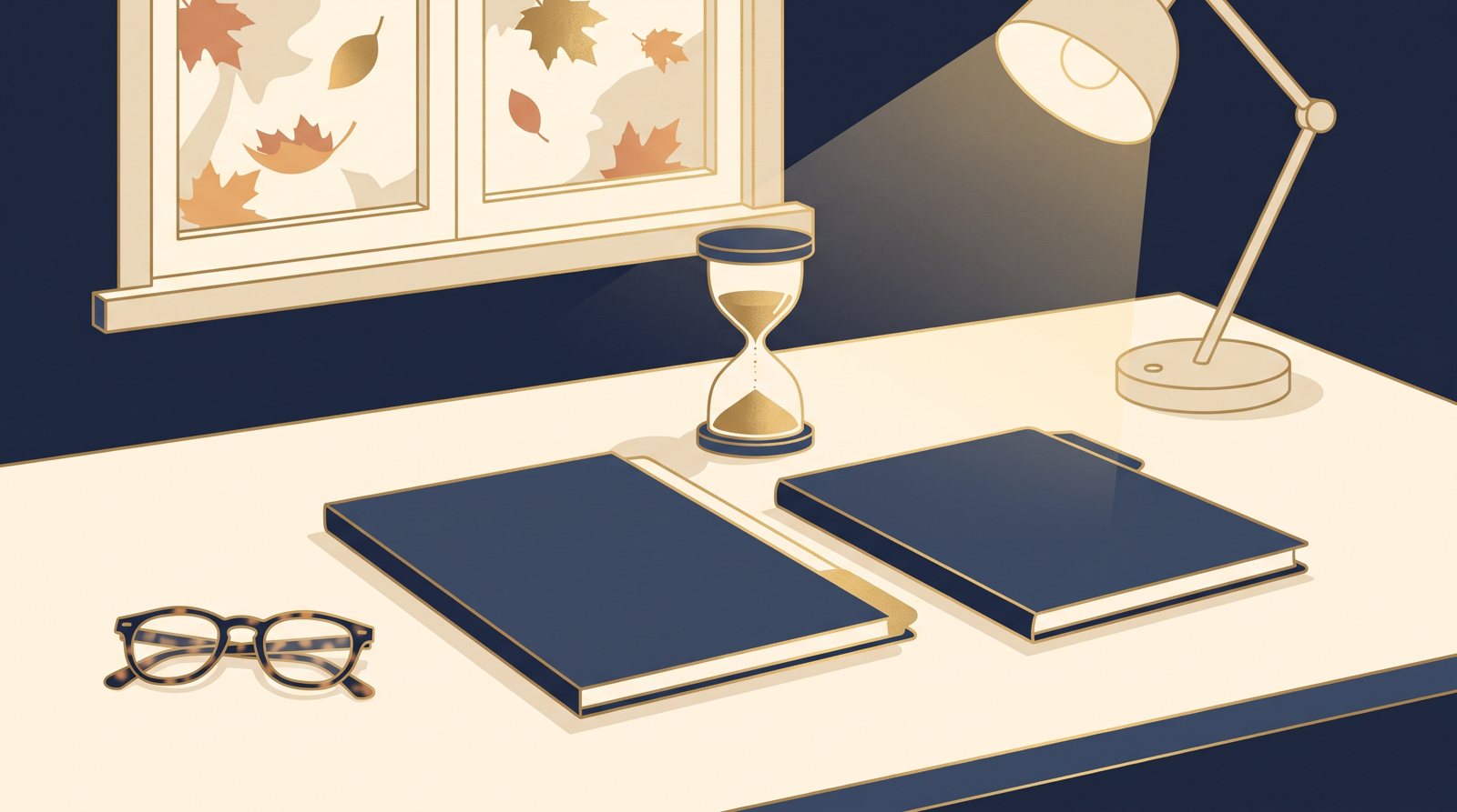 Illustration of an hourglass, two closed navy folders and reading glasses on a desk under a lamp by an autumn window