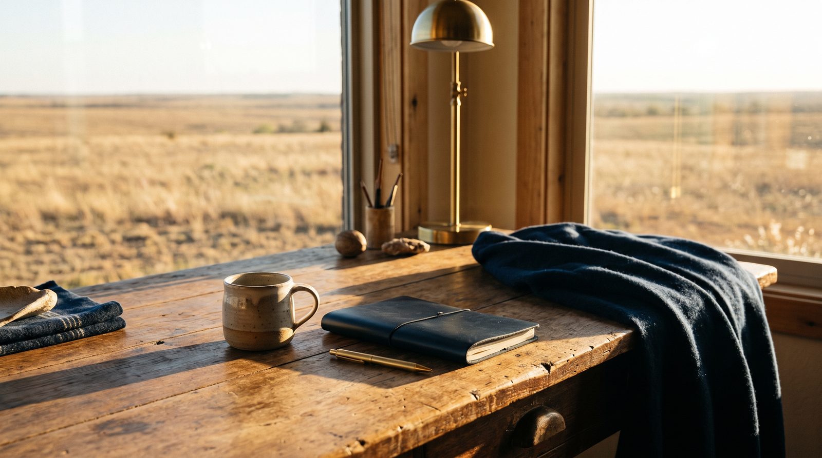 A wooden desk with a coffee cup, navy notebook and brass lamp by a window overlooking open Texas plains