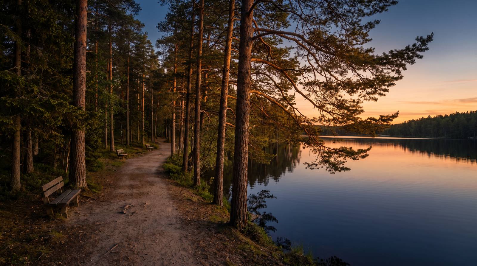 A lakeside walking path lined with tall pine trees at golden hour