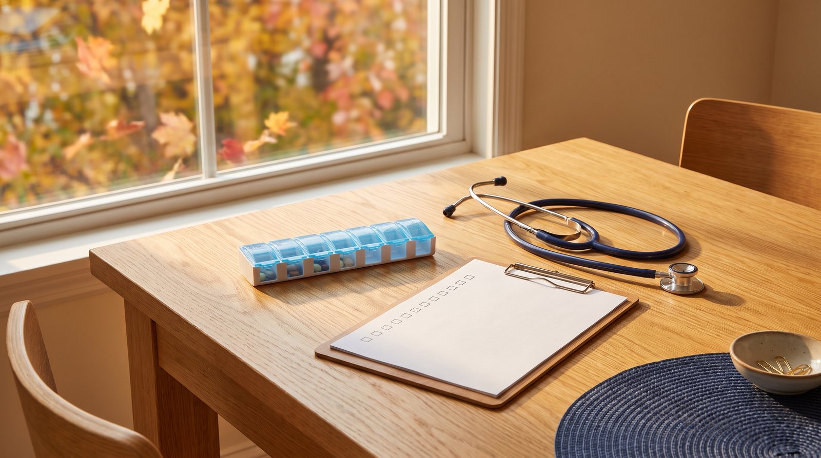 A pill organizer, a stethoscope and a clipboard with an empty checklist on a kitchen table by an autumn window