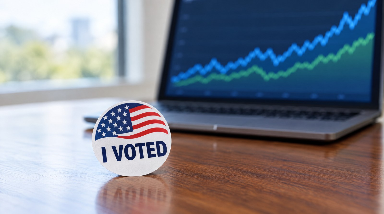 An "I Voted" sticker on a wooden desk in front of a laptop showing a stock market chart