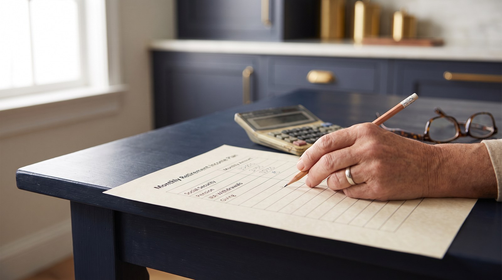 An older hand holds a pencil over a Monthly Retirement Income Plan worksheet listing Social Security, pension, IRA withdrawals and giving, beside a calculator