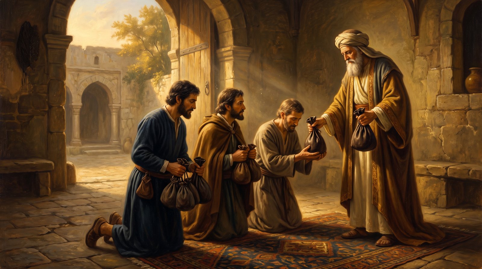 Painting of the parable of the talents: a master hands bags of silver to three kneeling servants in a stone courtyard
