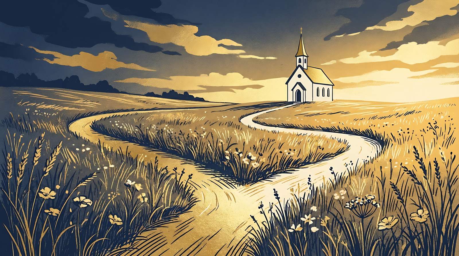 Illustration of a path that forks through a golden prairie toward a small white chapel at sunset