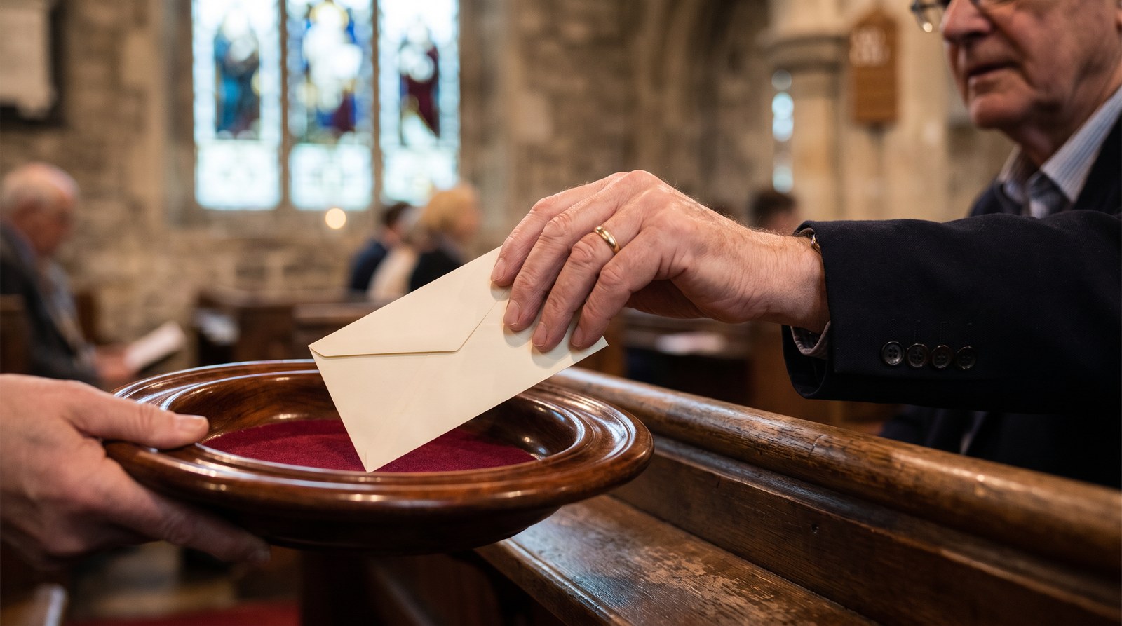 An older man places an offering envelope into a wooden offering plate passed along a church pew