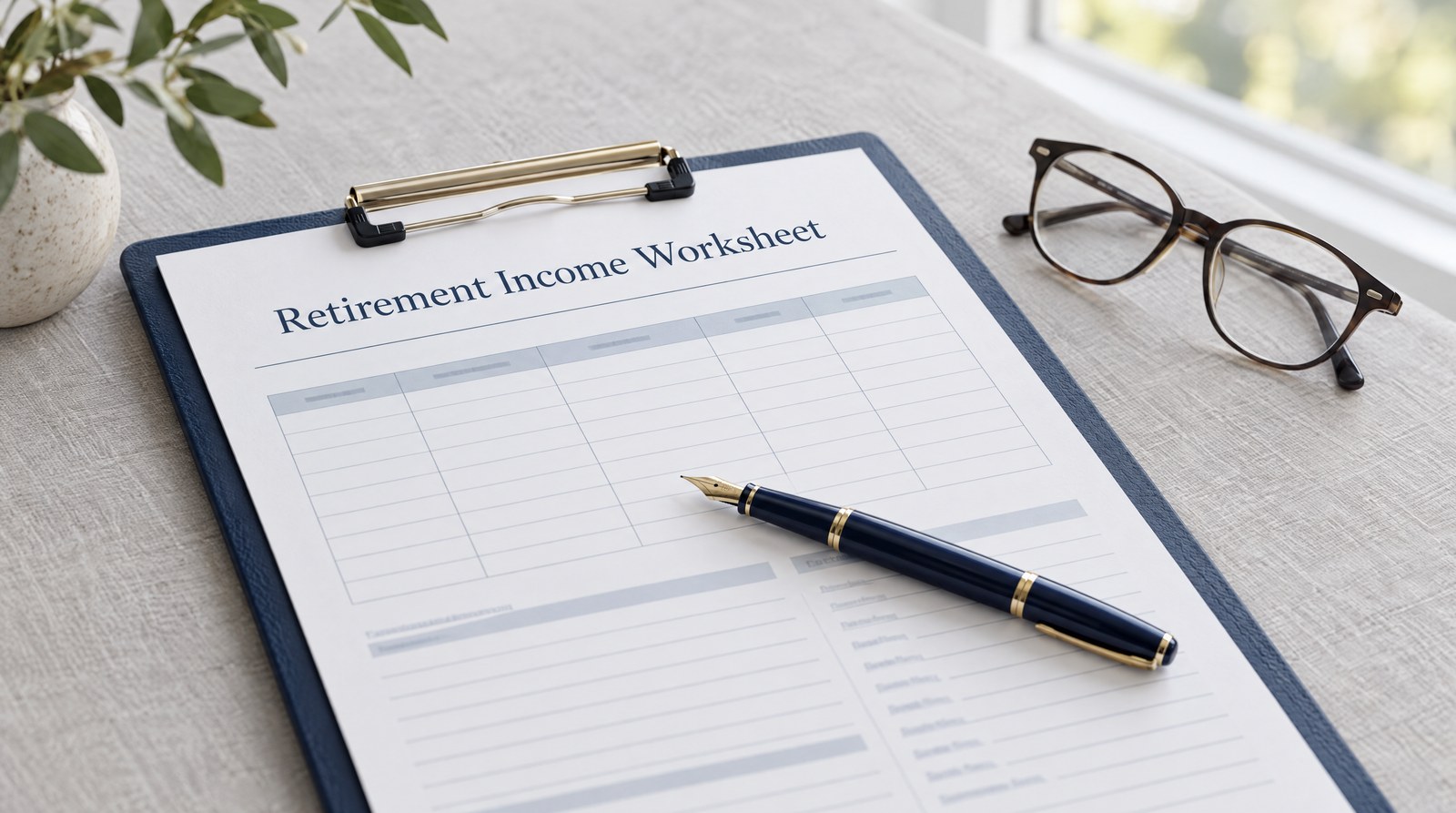 A blank retirement income worksheet on a clipboard with a fountain pen and reading glasses