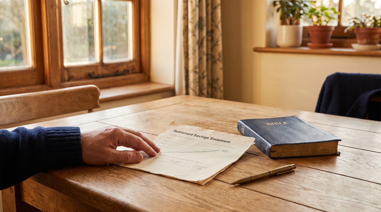 A hand rests on a Retirement Savings Statement on a wooden table next to a closed Bible and a pen