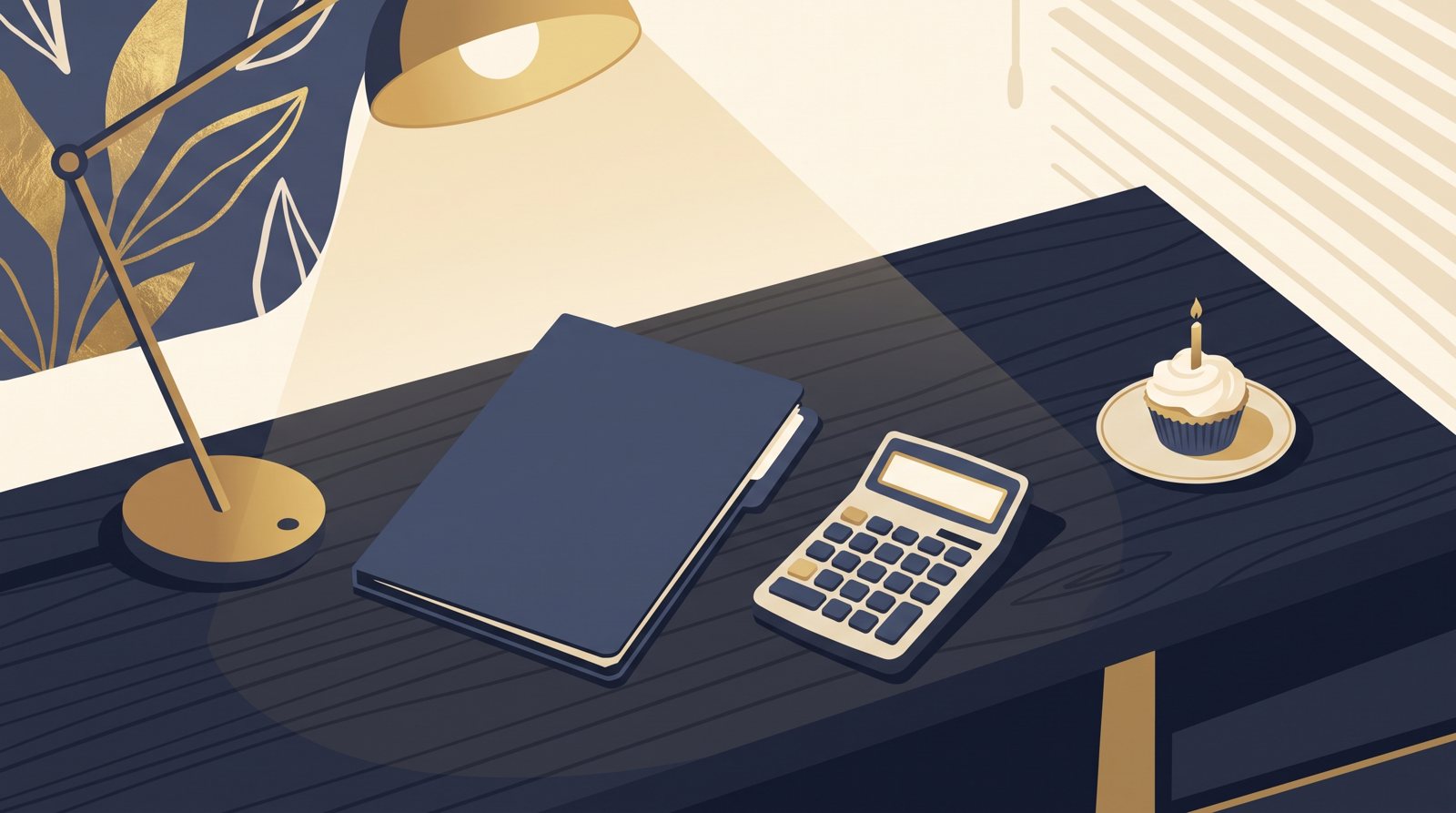 Illustration of a closed folder, a calculator with a blank display and a birthday cupcake with one candle on a desk under a lamp