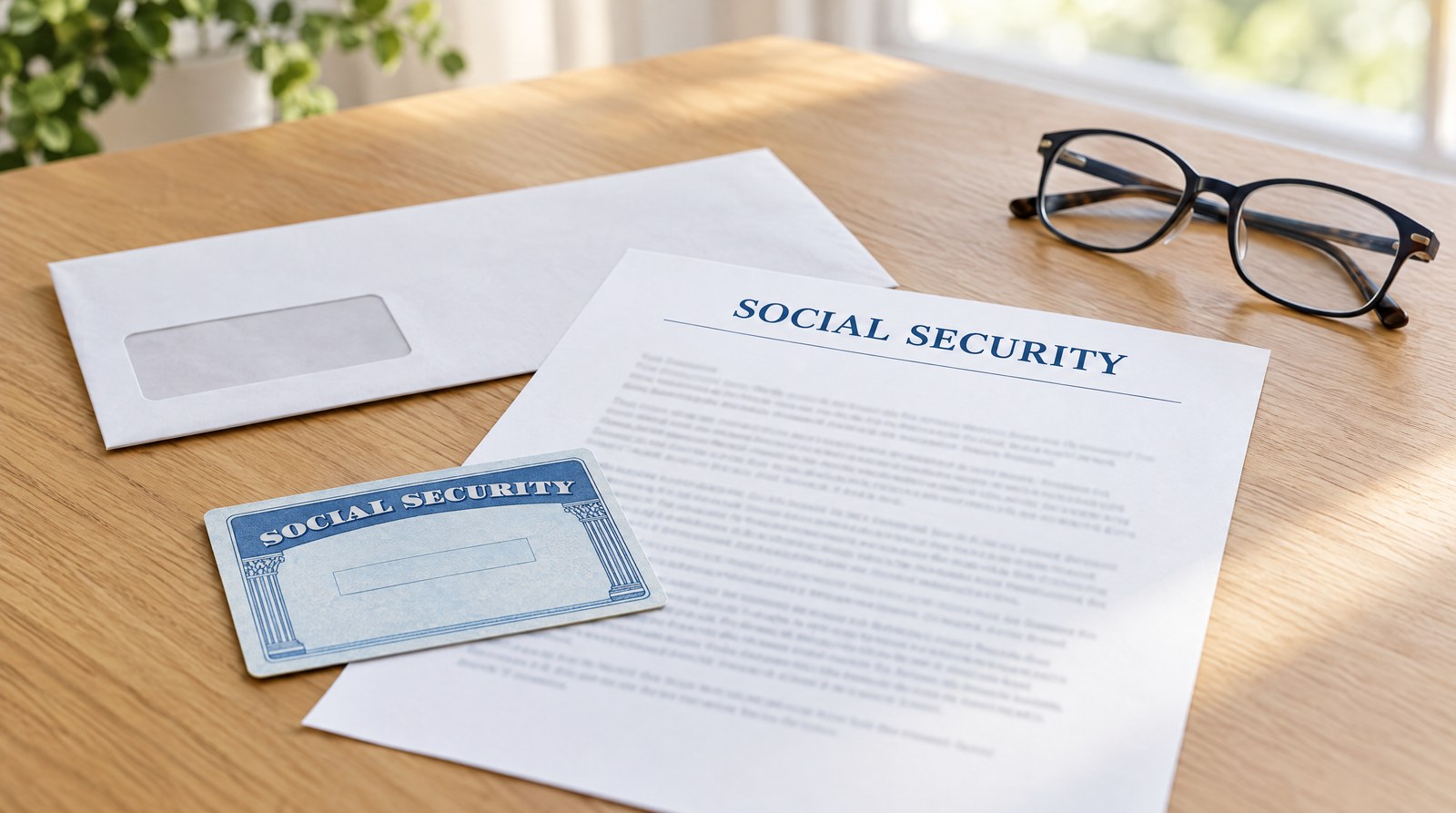 A Social Security card and a Social Security letter on a kitchen table beside an envelope and reading glasses