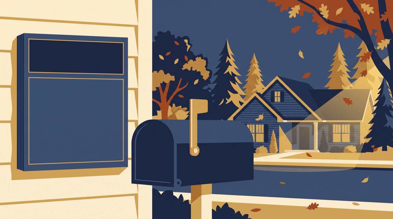 Illustration of a navy mailbox with a plain raised flag in front of a suburban house among pine trees and autumn leaves