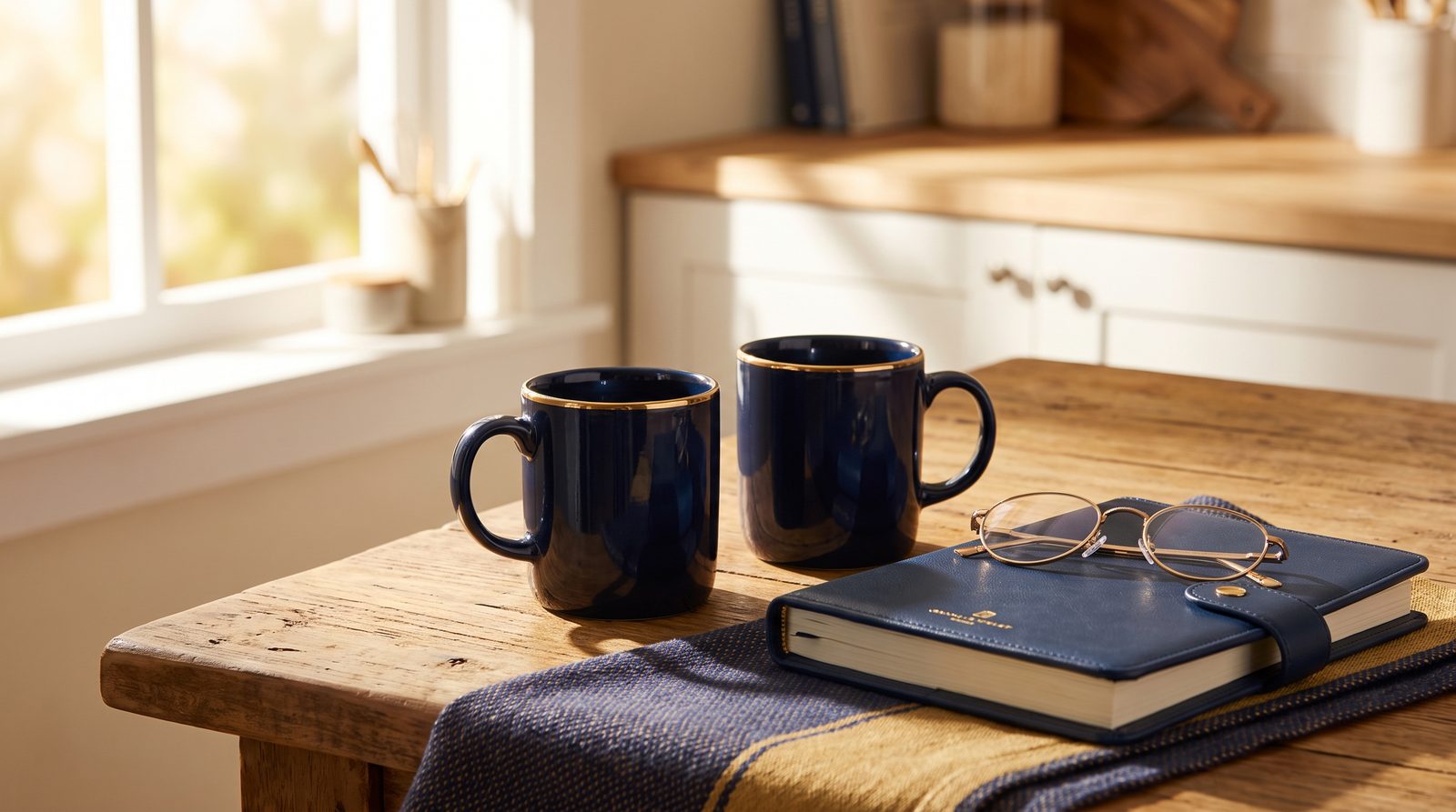 Two coffee mugs, two pairs of reading glasses and a planner on a kitchen table in morning light