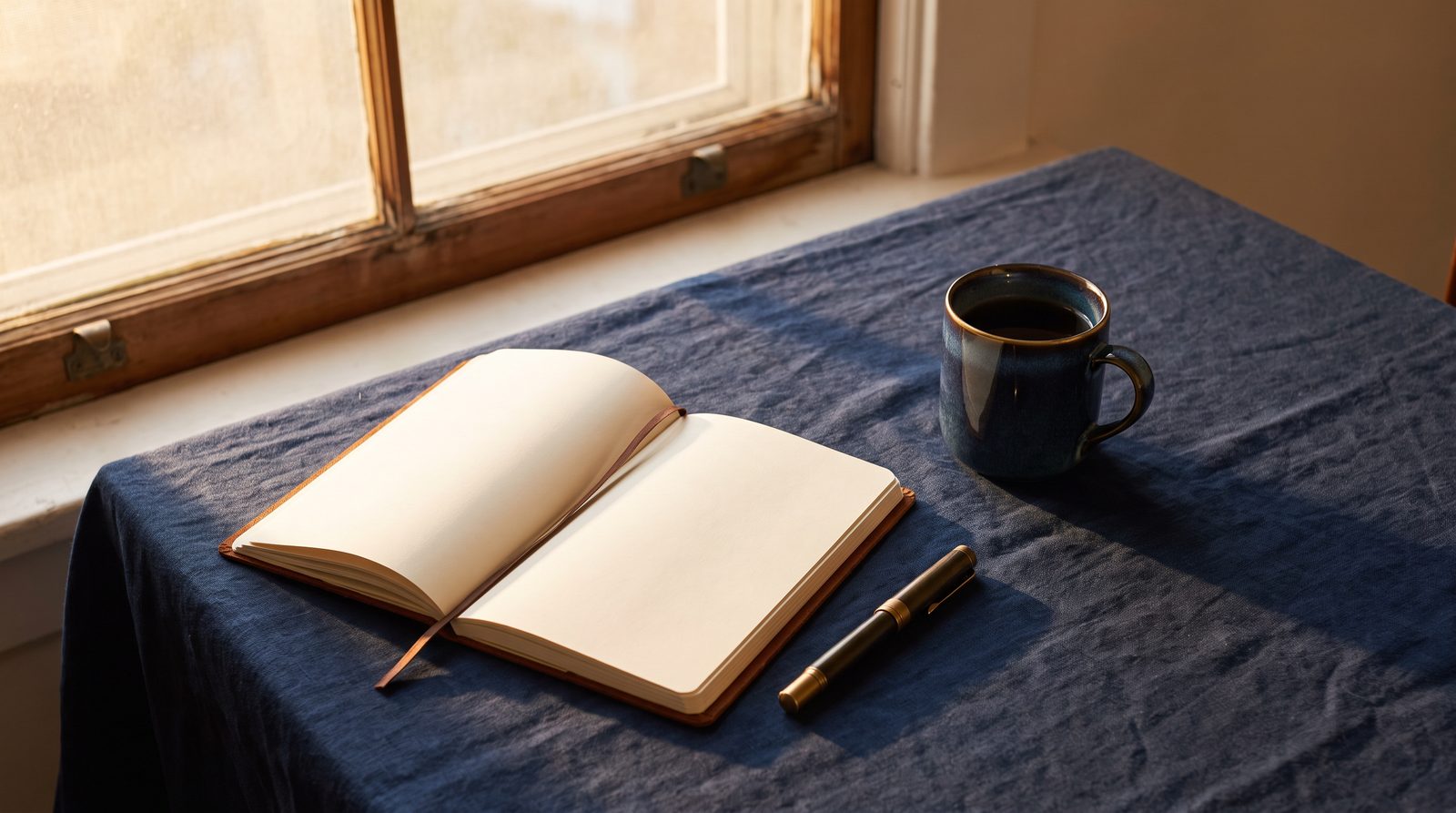 An open notebook, fountain pen and coffee cup on a navy tablecloth in calm dawn light
