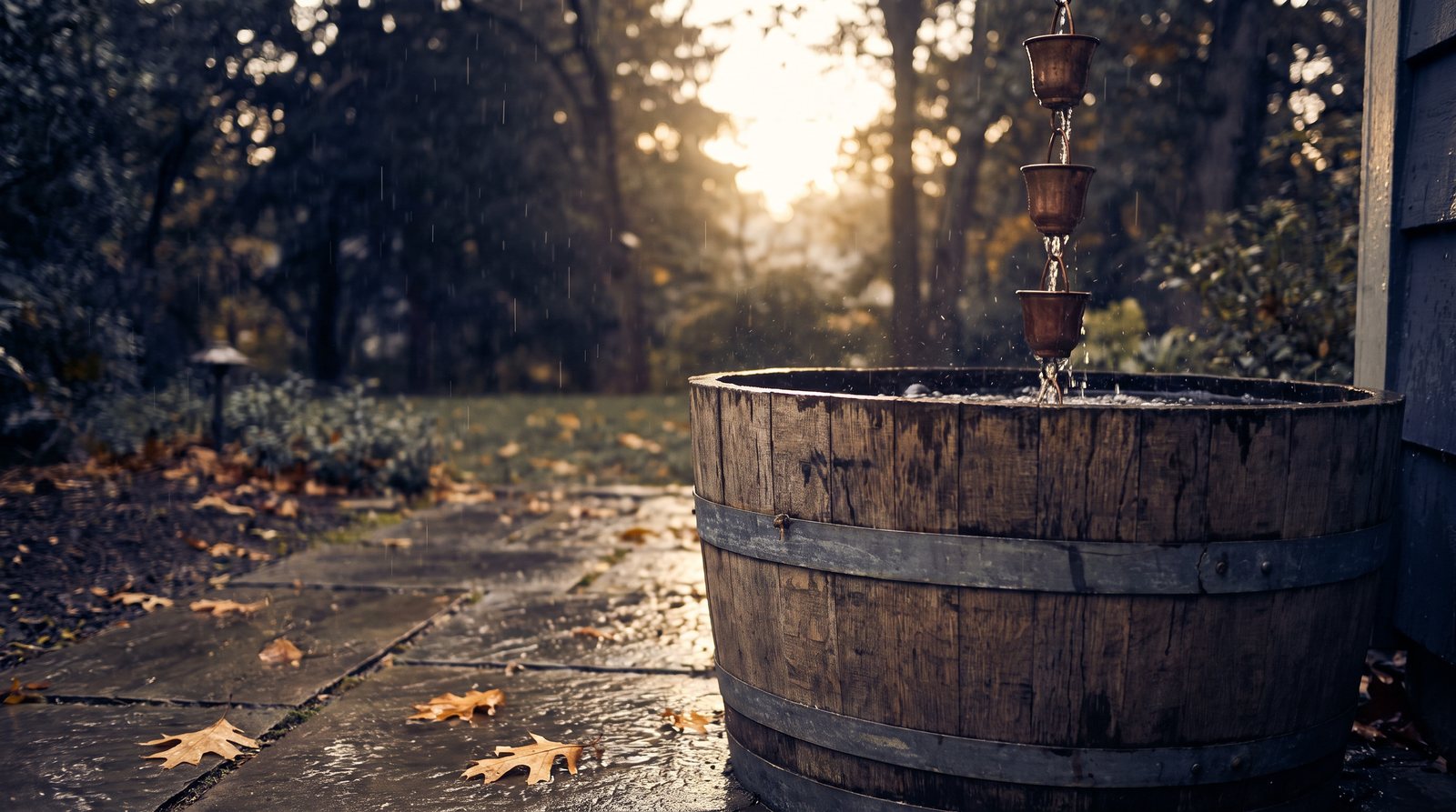 A weathered oak rain barrel filling from a copper rain chain beside a stone garden path with golden oak leaves